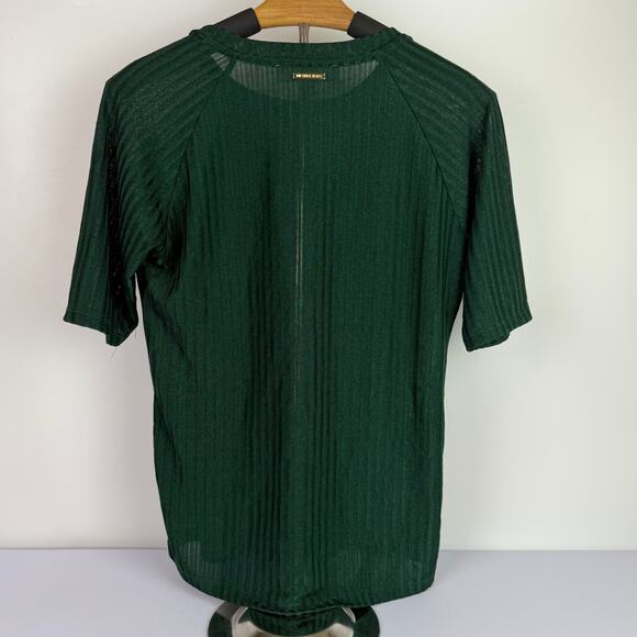 Michael Kors Women's Size S Short Sleeve Shirt Gold Button Ribbed Emerald Green - Picture 4 of 16